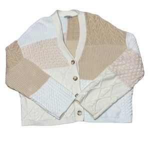 Rails Reese Cream Patchwork Cable Knit Cardigan Sweater Womens Large Cozy Chunky